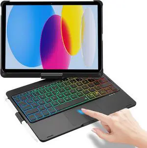 JADEMALL iPad 10th Generation Case with Keyboard 10.9 Inch, Multi-Touch Trackpad, 7 Colors Backlit, Auto Wake/Sleep, 360° Rotatable, with Pencil Holder for iPad 10th Gen 2022, Black