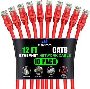 Maximm Cat 6 Ethernet Cable 12 ft (10-Pack) - High-Speed LAN Cable, Internet Cable, Patch Cable, and Network Cable - UTP, 10Gbps, 550MHz Ethernet Cord - Red