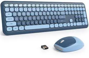 Fogruaden Quiet Blue Wireless Keyboard and Mouse, 2.4GHz Retro Cute Typewriter-Style Full-Size Colorful Keyboard and Mouse Combo, Slim Design, Low-Noise Typing for Home, Office, Windows PC, Laptop