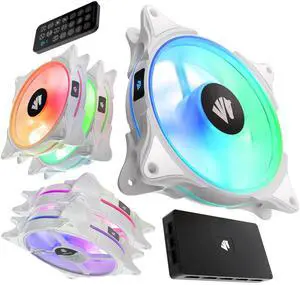 AsiaHorse FS-9002 Pro 120mm RGB Case Fan, 26 LED ARGB and Double LED Lingting Loops, 800-1800rpm Pwm Case Fan with 5V PWM Motherboard Sync/Analog Controller 5 Pack, White
