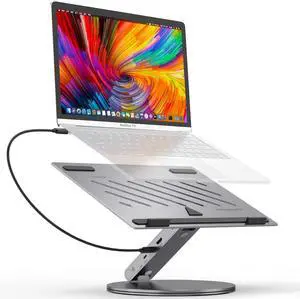 YICOSUN Adjustable Laptop Stand with 6-in-1 USB C Docking Station, 360° Rotatable, 4K HDMI, USB3.0, PD100W, Compatible with 12-16 inch MacBook, Dell, Surface