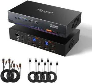 TESmart 4K@144Hz Displayport + HDMI KVM Switch 3 Monitors 2 Computers USB 3.0, HDMI 2.1&DP 1.4 KVM Switch Triple Monitors 8K@60Hz Gaming, Support EDID, Gigabit Network, VRR, All Input Cables Included