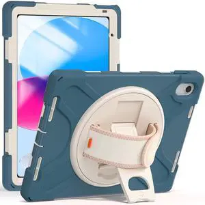 BATYUE Case for iPad (A16) 11th/10th Generation 10.9'' 2025/2022, Rugged Protective Shockproof Cover for Kids with Screen Protector, 360° Rotating Stand, Pencil Holder, Carrying Strap, Cornflower Blue