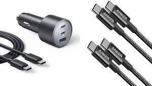 Anker USB C to USB C Cable, Type C 60W Fast Charging Cable (6FT, 2Pack) for iPhone 16 Series, iPad Mini 6 and More (USB 2.0, Black) USB-C Car Charger, 167.5W Max 3-Port Ultra-Compact Type-C