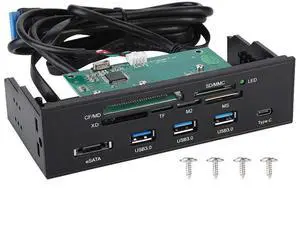 5.25inches Multifunction Internal Card Reader Dashboard - PC Front Panel USB 3.0 Card Reader Internal with 3 USB 3.0 Ports, Supports M2, MSO, SD, MS, XD, 64G CF Card