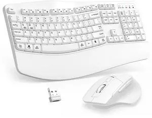 Wireless Keyboard and Mouse Combo, 2.4G Full Size Wave Keys Ergonomic Keyboard with Wrist Rest and 3-Level DPI Adjustable Wireless Ergonomic Mouse for Windows, Mac OS Desktop/Laptop/PC(White)