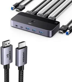UGREEN USB 3.0 HDMI KVM Switch with 4 USB 3.0 Ports (3 USB-A+1 USB-C) 4K@60Hz Bundle with 8K HDMI 2.1 Cable 48Gbps 6.6FT, Certified Ultra High Speed Cord Aluminum, 4K@240Hz 120Hz 8K@60Hz