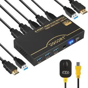 HDMI KVM Switch 8K, 2 Port KVM Switch 8K@60Hz 4K@120Hz for 2 Computer Share 1 HD Monitor and 3 USB 3.0 Devices, Including 2 HMDI 2.1 Cables & 2 USB 3.0 Cables