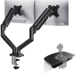 HUANUO Dual Monitor Mount for 2 Monitors up to 32 inches, Each Arm Holds Max 22lbs,Steel Monitor Mount Reinforcement Plate for Thin, Glass and Other Fragile Tabletop