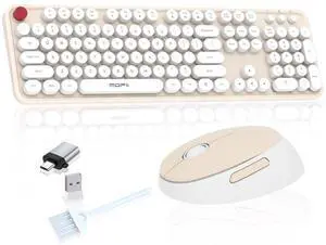 Cream Wireless Keyboard Mouse, COOFUN 104 Keys Full Size White Keyboard Ergonomic Cordless Keyboards Cute Colorful Retro Typewriter Key Board for Windows, PC, Laptop, Desktop (Creamy)