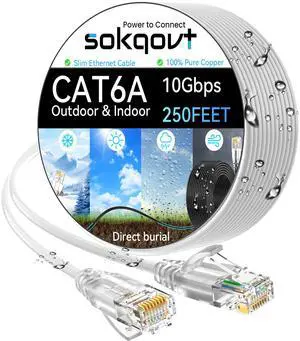 Cat6a Ethernet Cable Slim 250ft Outdoor&Indoor, 28AWG Pure Copper Cat6 Internet Cable for Waterproof & Direct Burial, Flexible Cat6 Ethernet Cable 10G 550MHZ, Cat 6 Network cable for Indoor White
