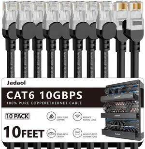 Jadaol Cat 6 Ethernet Cable 10ft 10Pack, Outdoor&Indoor, 10Gbps Support Cat8/7 Network, 24AWG Pure Copper Patch LAN Cord, Direct Burial Waterproof UV Resistant for Router, Modem, Switch, Server, Black
