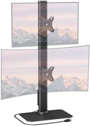 UPGRAVITY Dual Monitor Stand with Built-in Power Outlet, Vertical Stack Freestanding Monitor Mount for 13-32 inch Flat Curved Computer Screen, Metal Base, Height Adjustable, Max VESA 100x100mm
