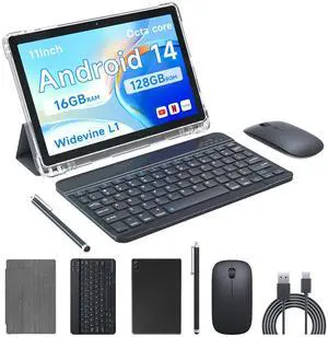 PEICHENG Tablet 11" Android 14.0 with Grey Case, RAM 16GB (4GB+12GB Expansion)+128GB ROM, 5G Wi-Fi, 8000 mAh, 5MP front/13MP Back Camera, Octa Core T606 1.6GHZ (P12 kit(case+Mouse+Keyboard+Stylus))
