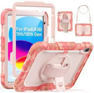 SEYMAC for iPad (A16) 11th/10th Generation 2025/2022 (11/10.9), Heavy Duty Full-Body Shockproof Protective Case with Screen Protector, Rotating Stand, Hand/Shoulder Strap, Multicolor/Pink