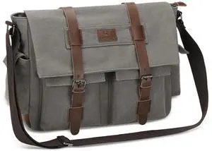 SUIKIHUM Canvas Crossbody Bag for Men and Women, Vintage Shoulder Bag with Multiple Pockets and Adjustable Strap, Fits 13 Inch Laptops, Gray