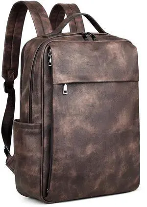 MASINTOR 15.6 inch PU Leather Laptop Backpack Purse for Women, Large College Casual Backpack Travel Bag Retro Coffee