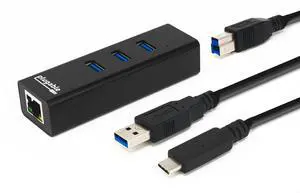 Plugable 3-Port USB 3.0 Hub with Gigabit Ethernet | Compatible with Windows, macOS, Linux, and ChromeOS | Portable USB-C/USB-A Bus-Powered RJ45 GbE LAN Adapter for Laptops, MacBooks, Chromebooks