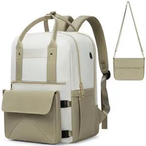 Rinlist Backpack for Women, 15.6 Inch Laptop Travel Backpacks Bag with USB Port, Work Business Nurse Teacher Bags College Bookbag for School, Casual Daypack for Travel, Khaki White