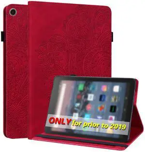 VODEFOX for Kindle Fire HD 10 Case 9th/7th/5th Generation 10.1" (2019/2017/2015),Embossed Peacock Flower Pattern PU Leather Folio Wallet Shockproof Cover with Pencil Holder Elastic Band 10.1" - Red