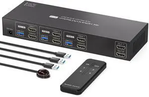 PVBCTCSID HDMI KVM Switch 3 Computers 2 Monitors 4K60Hz EDID for 3 PC Share Dual Monitor and 4 USB 3.0 Port with Controller