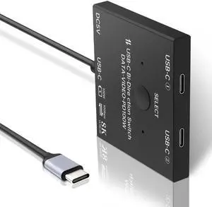 TaiLaiEra 10Gbps USB-C Switch 8K@60Hz 4K@60Hz, Bi-Directional USB C Switcher 1 in 2 Out or 2 in 1 Out Switch Selector 2 Computers Share a Devices Video Source,Power Wire 2xUSB-C Cables Included