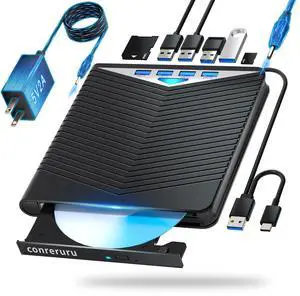 conreruru Support for Blu-ray External Drive, Support for Blu-ray DVD/CD Player/Read/Write, USB 3.0 &/Type-C, Support for Blu-ray/DVD/CD, BD Drive, Windows 7-11 & Mac, PC-Compatible, M-DISC(Black)