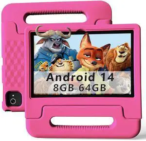 VCFNXLS 10.1-Inch Kids Tablet, 8GB+64GB, Android 14, 8-Core CPU, Educational Apps, Parental Controls, WiFi, 1280x800 HD Display, Cameras, Shockproof, Long Battery Life