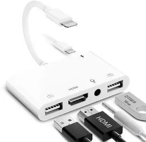 FEINODI Lightning to HDMI Adapter for iPhone/iPad to TV, Dual USB OTG Adapter with Microphone Input for Live-Streaming, MIDI Keyboard, Mouse, HD TV/Projector/Monitor Compatible (White)