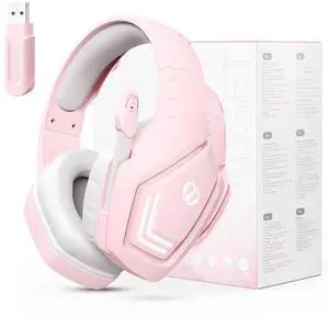 Anivia 2.4GHz Wireless Gaming Headset with Microphone for Work, PC Comptuers, Laptop, Over Ear Gamer Headphones with Mic, LED Light, Bass Surround Sound, Soft Ear Pads, for Girls and Women (Pink)
