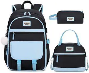 Bevalsa Backpack for Girls, School Backpacks for Girls, Kids Backpack with Lunch Box & Pencil Pouch for Teens Girl Kids Elementary Middle High School College Student Bookbag Daypack (Blue Black)