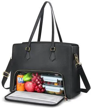 Jetviivid Laptop Tote Bag with Lunch Compartment, 15.6 Inch PU Leather Work Bag for Women, Computer Briefcase Laptop Shoulder Handbag for Business,Office,Work, Black