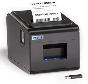 vretti Thermal Receipt Printer, 3'1/8 80mm Direct Thermal Printer with USB Serial LAN Port - Kitchen POS Printer ESC/POS Command Support Cash Drawer