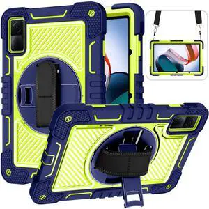YOUULAR Tablet Case for Xiaomi Redmi Pad 10.61 inches 22081283G, Tablet Shockproof Cover with 360° Rotating Stand and Wrist Strap, Shoulder Strap Navy Blue+Yellow Green