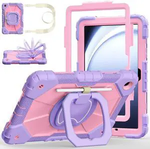 Case for Samsung Galaxy Tab A9 Plus 11 Inch 2023, Ubearkk Rugged Case for Samsung Galaxy A9+ Tablet SM-X210/X216/X218 with Screen Protector 360 Rotating Stand Shoulder Strap Pen Holder, Purple Pink