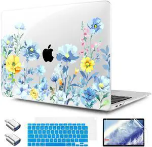 TWOLSKOO for MacBook Air 13.3 inch Case 2021 2020 2019 2018 Release M1 A2337 A2179 A1932 with Touch ID, Plastic Hard Shell Case & Keyboard Cover & Type C Adapter, Blue Flowers