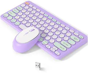 Wireless Keyboard and Mouse Combo, Bluetooth 5.0 & 2.4G Dual Mode, 79-Key Compact Layout with Retro Round Keycaps, Rechargeable Battery, Auto Sleep Mode, for Windows/Mac/iOS/Android (Purple)