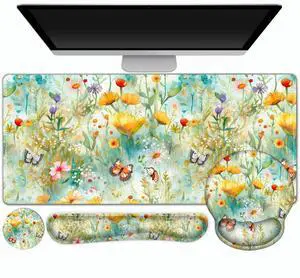 Gaming Mouse Pad, Large Desk Mat, Cute Desk Pad Protector, 4in1 XXL Mousepad + Keyboard Wrist Rest+Mouse Wrist Rest+Coaster Set with Ergonomic Desk Pad for Home Office PC Computer, Yellow Flowers