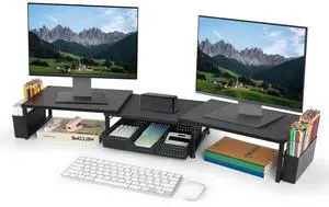 OPNICE Desk Dual Monitor Stand Riser - Desk Organizer with Drawer and Pen Holders, Office Desk Accessories & Workspace Organization, Computer Monitor Stand for Laptop, Printer, TV(Black Wood)