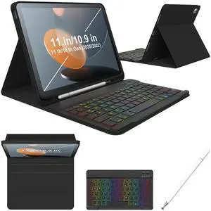 iPad 11th 10th Generation Case with Keyboard 10.9 Inch 2022 Detachable Wireless 7Colors Backlight Keyboard Case with Pencil Holder for and Magnetic Disc Universal Stylus Pen New iPad 10th Gen Black