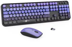 Wireless Keyboard Mouse Combo,Typewriter Cute Retro Style,104 Round Key Colorful Keyboard with Number Pad,Letton Full Size Keyboard Mouse with 3 DPI for PC Laptop Computer-Black Purple