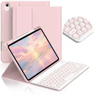 JKSML for iPad (A16) 11th/10th Gen case with Keyboard, Round Key, 7 Color Backlit, Detachable Wireless Keyboard, Stand Folio Cover with Side Pen Holder for iPad 10.9" (2022)/ 11" (2025) - Pink