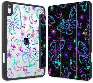 Mektron Printed Case for iPad mini 7 (A17 Pro) 2024/ Mini 6 2021, iPad mini 7th/6th Generation Case, Buit in Pencil Holder with Clear Back Shell + Trifold Stand, Fantasy Butterfly