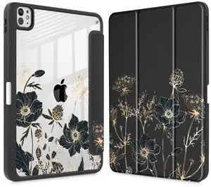 May Chen for iPad Pro 13 Inch Case M5 2025 / M4 2024, Built Pencil Holder & Clear Transparent Print Back Shell Slim Stand Shockproof Tablet Cover, Auto Wake/Sleep, Abstract Floral
