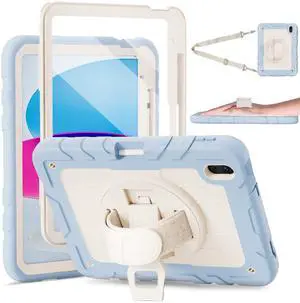 Stweap Case for iPad 10th Generation 10.9inch 2022,with Built-in Screen Protector and Kickstand,Hand Strap,Shoulder Strap for New Apple iPad 10.9 Inch(Blue/Beige)