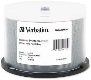 Verbatim MediDisc CD-R 700MB 52X White Inkjet Printable with Branded Hub - 50pk Spindle