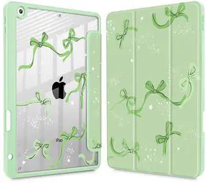 Tuiklol for iPad 10.2 case 2021 Gen 9th Release Built in Pencil Holder - Trifold Stand-Auto Wake/Sleep TPU Protection Stand Clear Back Cover for 2020 2019 [8th/7th] iPad 10.2 Case, Bow-Green