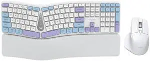 KYSONA Ergonomic Keyboard Mouse Wireless Combo, Full Size Bluetooth Split Keyboard with Wrist Rest, 4 Level DPI Ergo Mouse for Windows Mac OS Computer, Colorful White