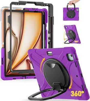 BRAECN Case for iPad Air 13 Inch M3 2025/ M2 2024 & iPad Pro 12.9 6th/5th/4th/3rd Gen: Military Grade Silicone Protective Cover with Pencil Holder, Kickstand, Swivel Handle, Shoulder Strap, Purple