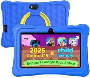 Kids Tablet, 7 inch Android 15 Tablet for Kids, 8GB+32GB 1TB Expand, Quad-Core Toddler Tablets with Shockproof Case, BT5.0, WiFi 5, Parental Control, Games, Dual Camera (Blue)